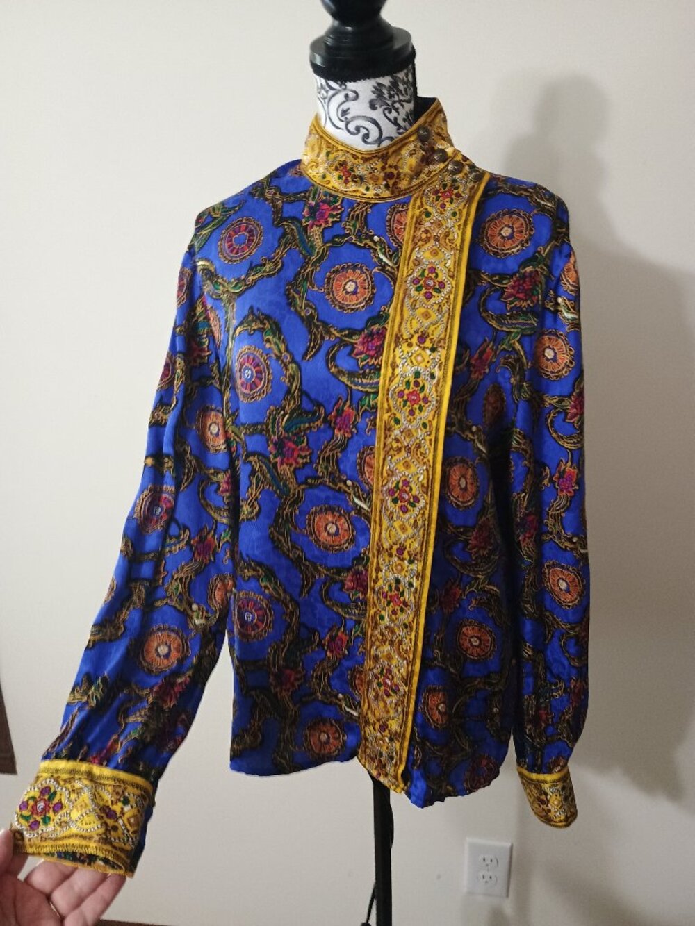 Adrianna Papell Silk Ornate Asymmetrical High Neck Button Down Blouse 14